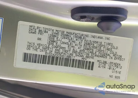 2004 Toyota Sienna Ce/Le z USA, uszkodzony, nr VIN 5TDZA23C54S180617